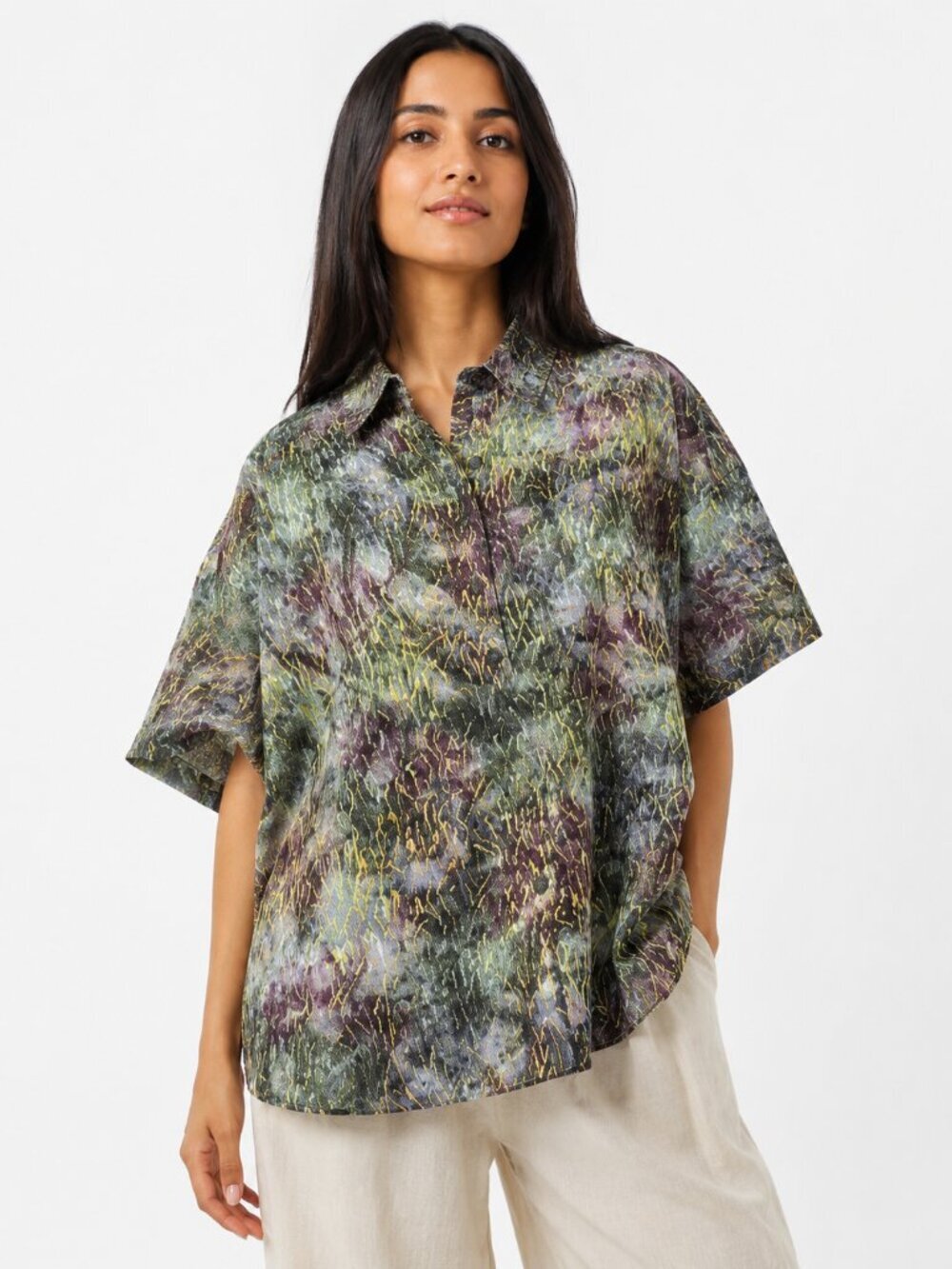 We Be Bop Batik Top Size 3X Button Front Green Short Sleeve Lagenlook Boho Artsy